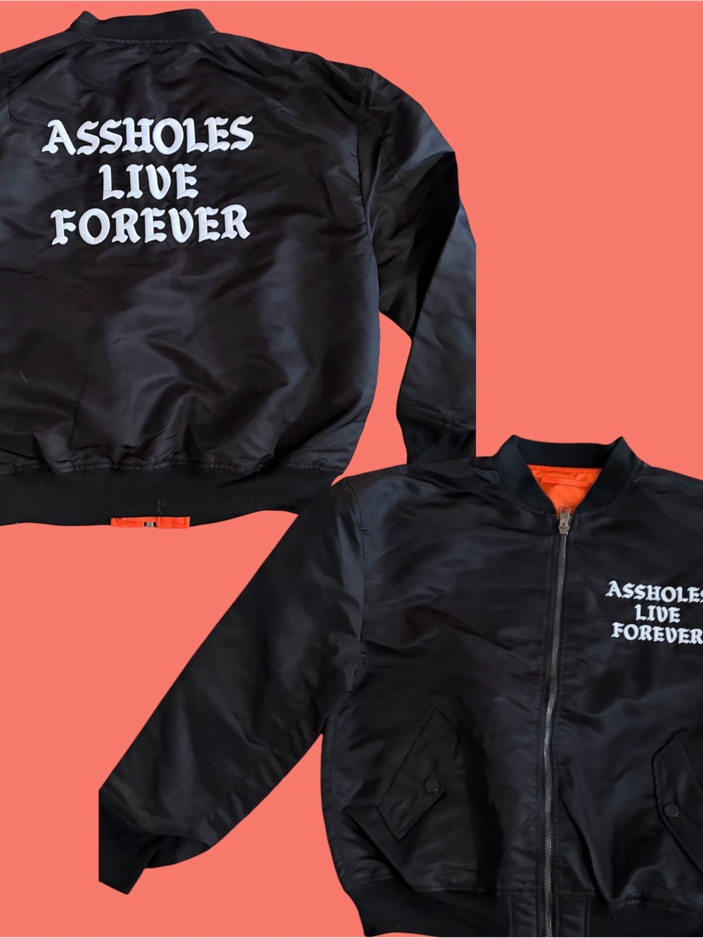A**holes Live Forever Orange Reversible Full Zip
Bomber Jacket